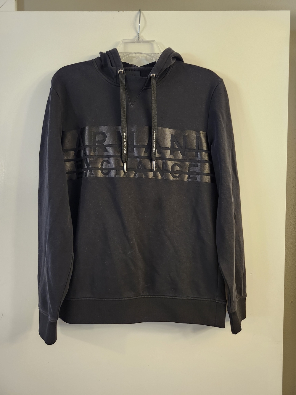 Armani Exchange Black Pullover Hoodie with Gloss Logo Stripe